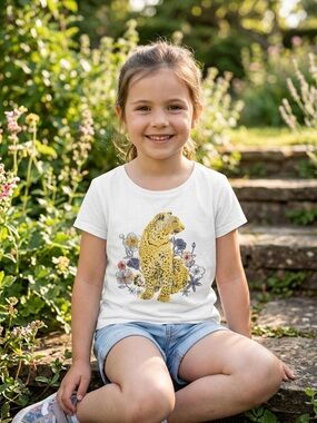 Girls White Short-Sleeve Tee with Floral Leopard Graphic